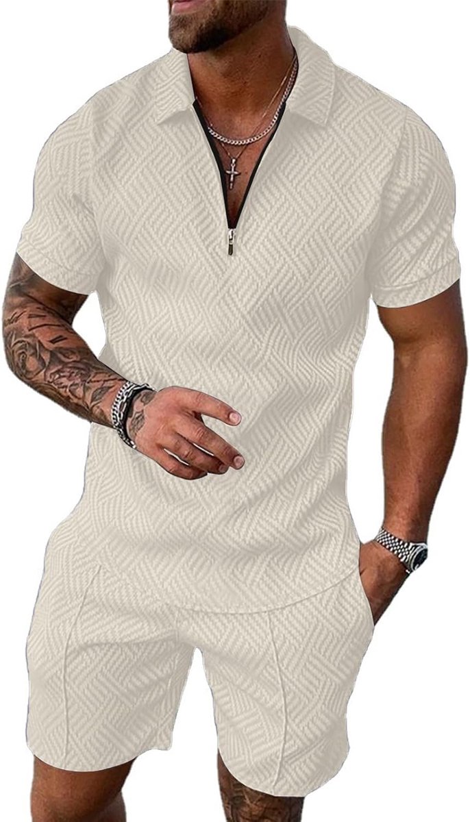 Trainingspak voor heren, polo met korte mouwen, set met ritssluiting, joggingbroek, gymtop, casual, hardlopen, sport, zweet, activewear, 2-delig pak broek