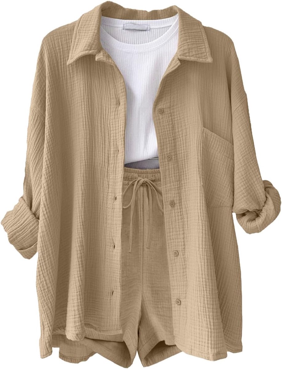 2-delige outfits katoen linnen overhemd en shorts Co Ord Sets voor Vrouwen Zomer Button Down Lange Mouw Shirt Top en Trekkoord Linnen Shorts Casual Loungewear Trainingspak voor Luchthaven